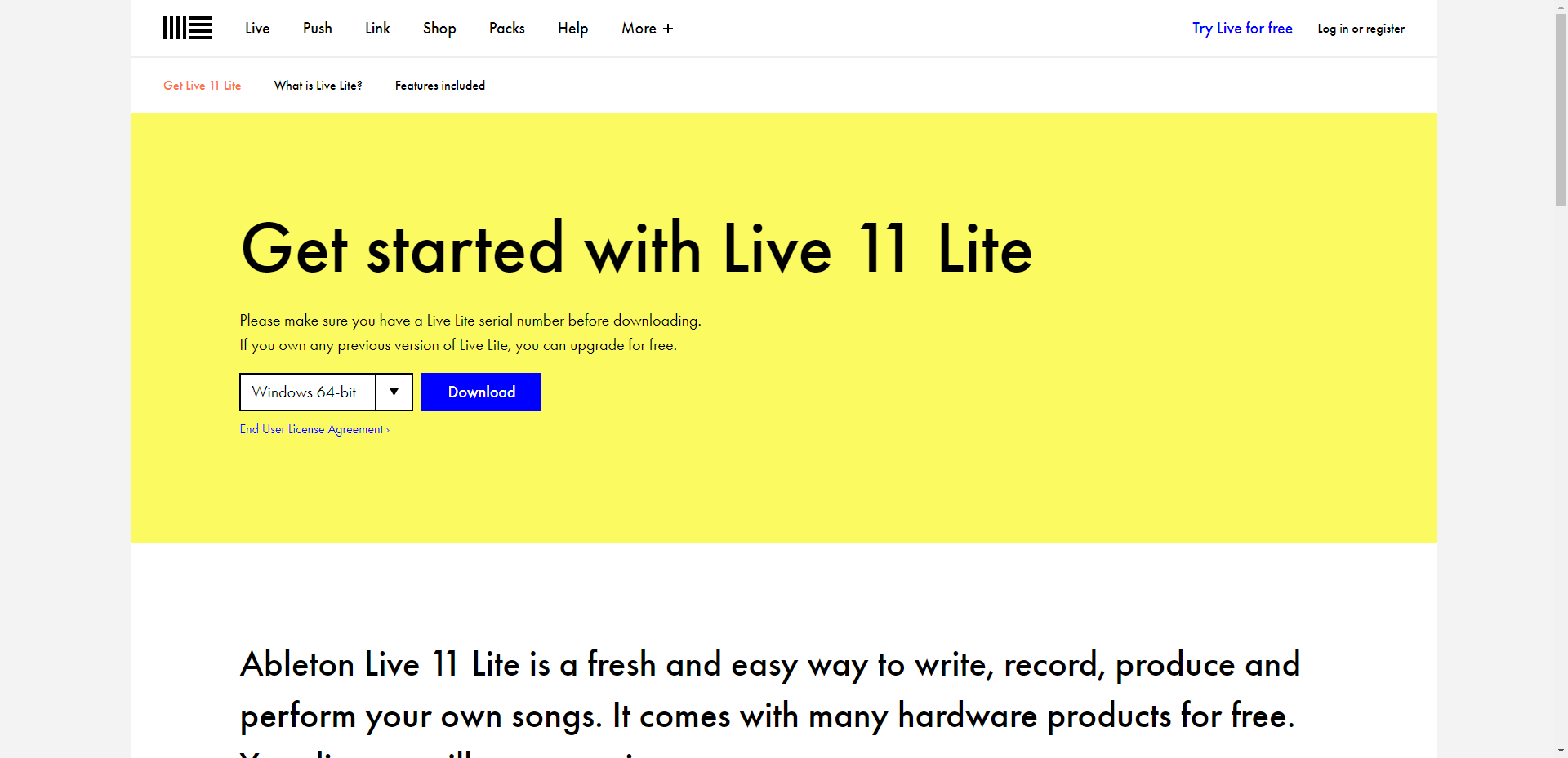 Ableton Live Lite download page for installation
