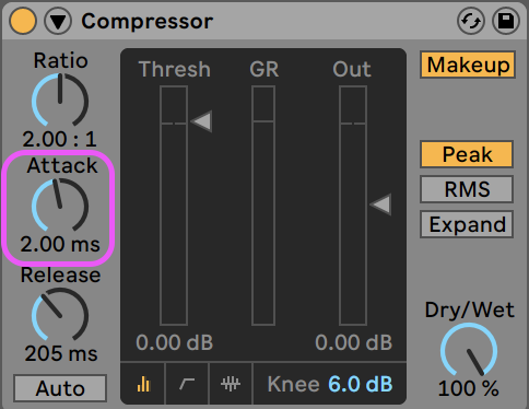 configuración de attack del compressor
