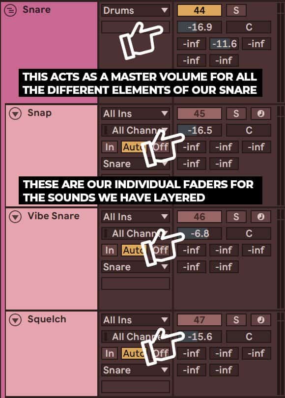 group of snare drums in ableton live